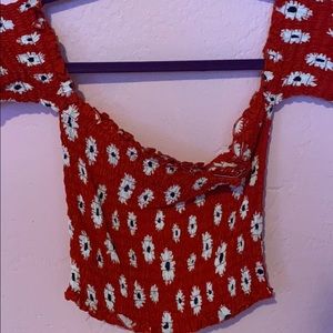 Red flowery crop top off the shoulder